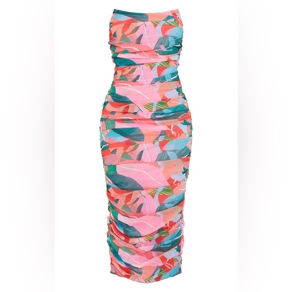 PRETTYLITTLETHING Multi Tropical Pointed Bandeau Mesh Ruched Midaxi Dress 4 - Picture 3 of 11